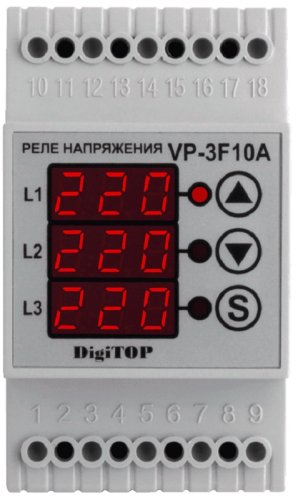 Реле напряжения трехфазное цифровое на DIN-рейку DigiTOP VP-3F10A 3х10А 120-270В картинка